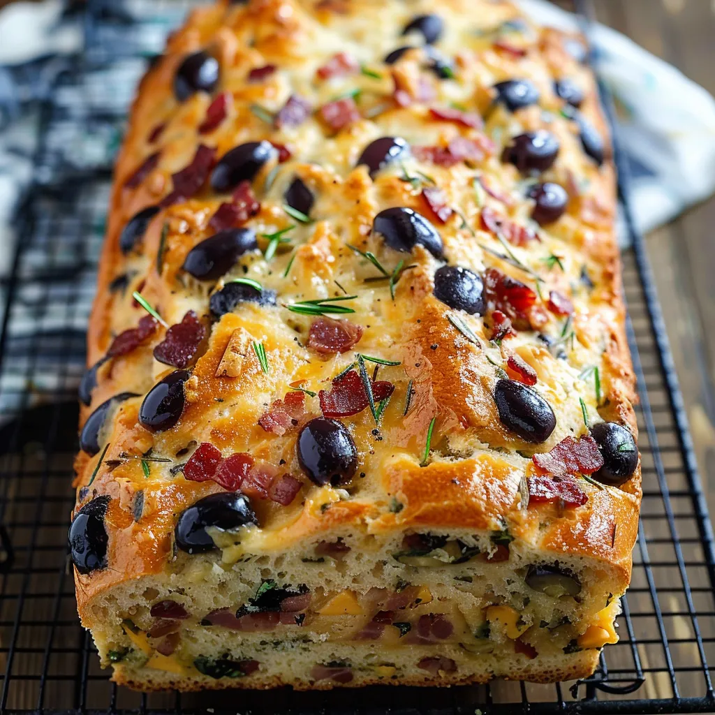 A loaf of bread with olives and bacon.
