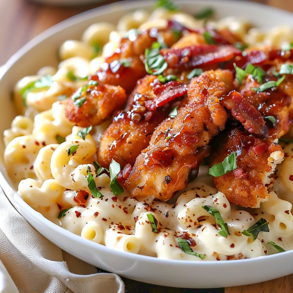 A plate of food with chicken, pasta, and bacon.