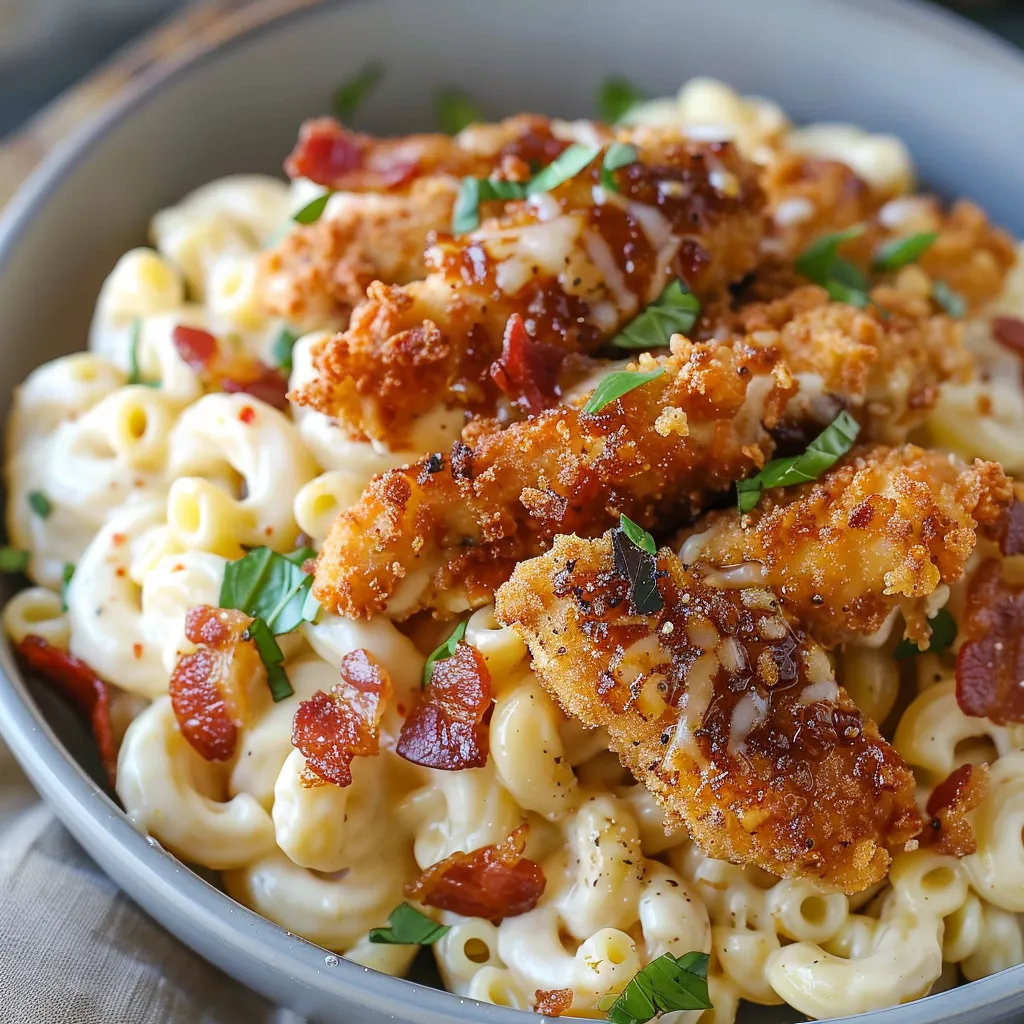 A bowl of macaroni and cheese with bacon.
