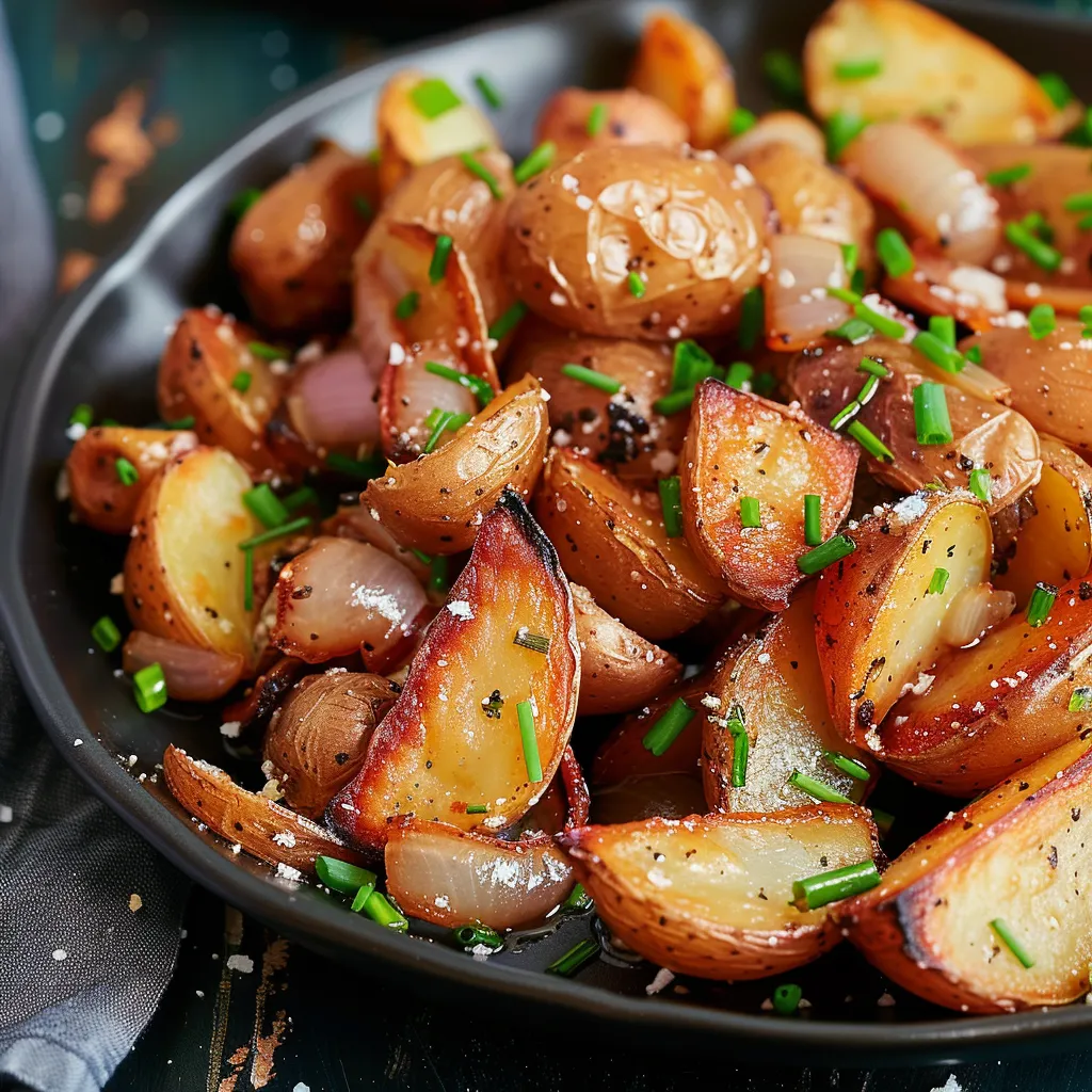 A bowl of potatoes mixed with onions and herbs.