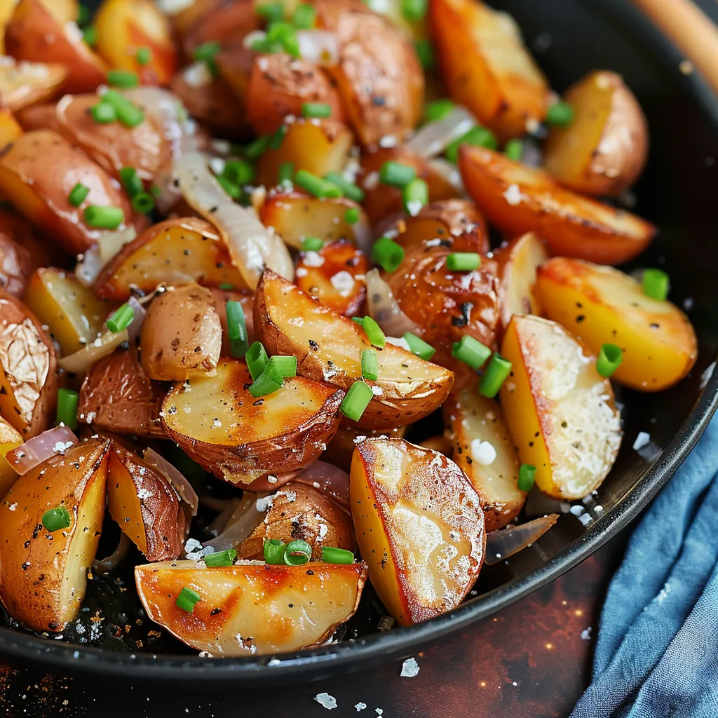 A plate of potatoes with onions and herbs.