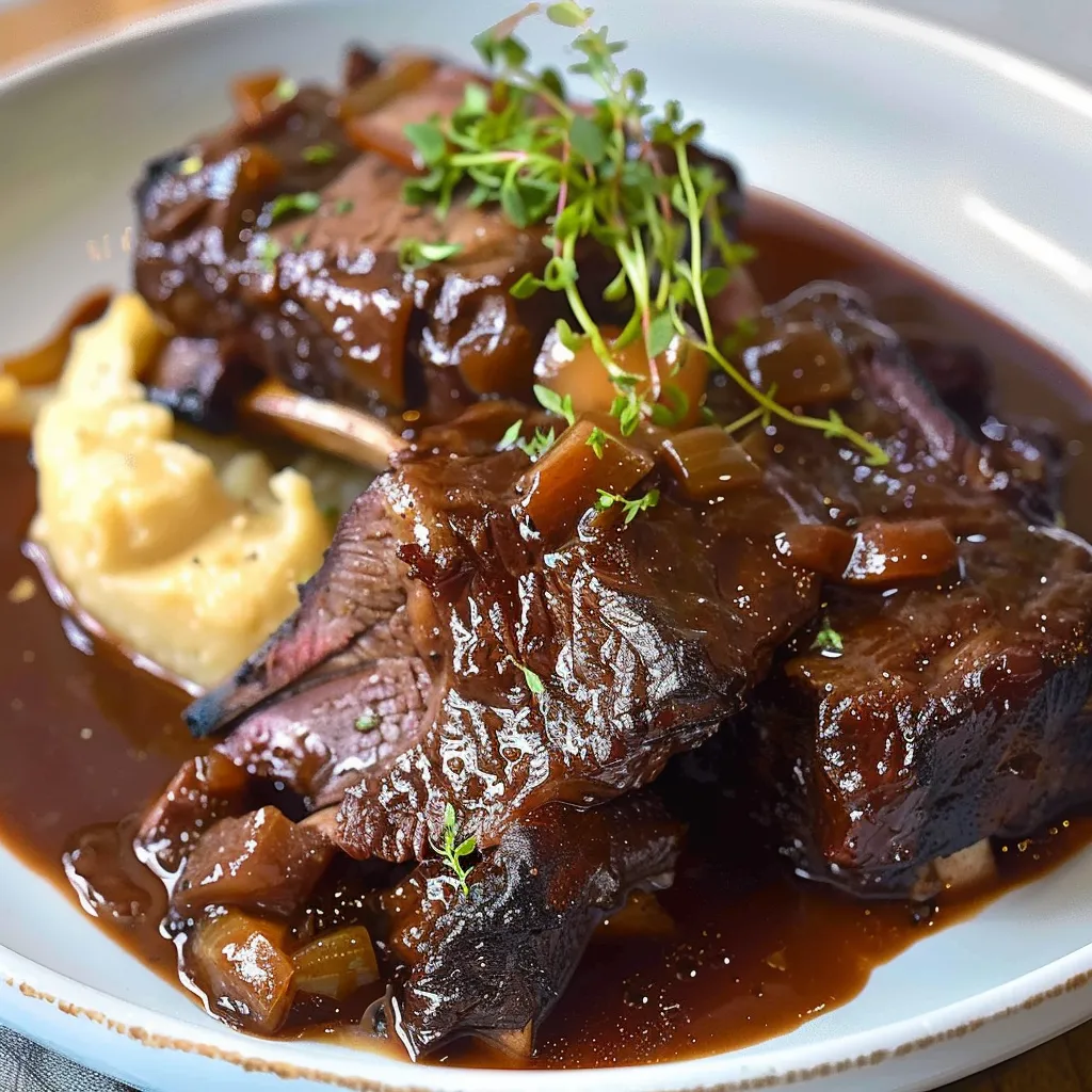 A plate of beef ribs garnished with fresh greens.