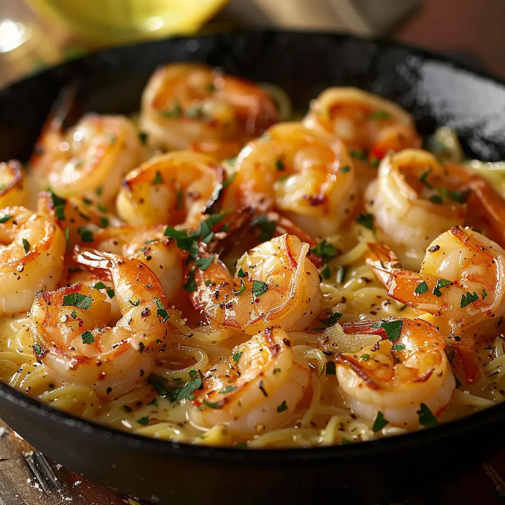 Shrimp in a skillet with pasta.