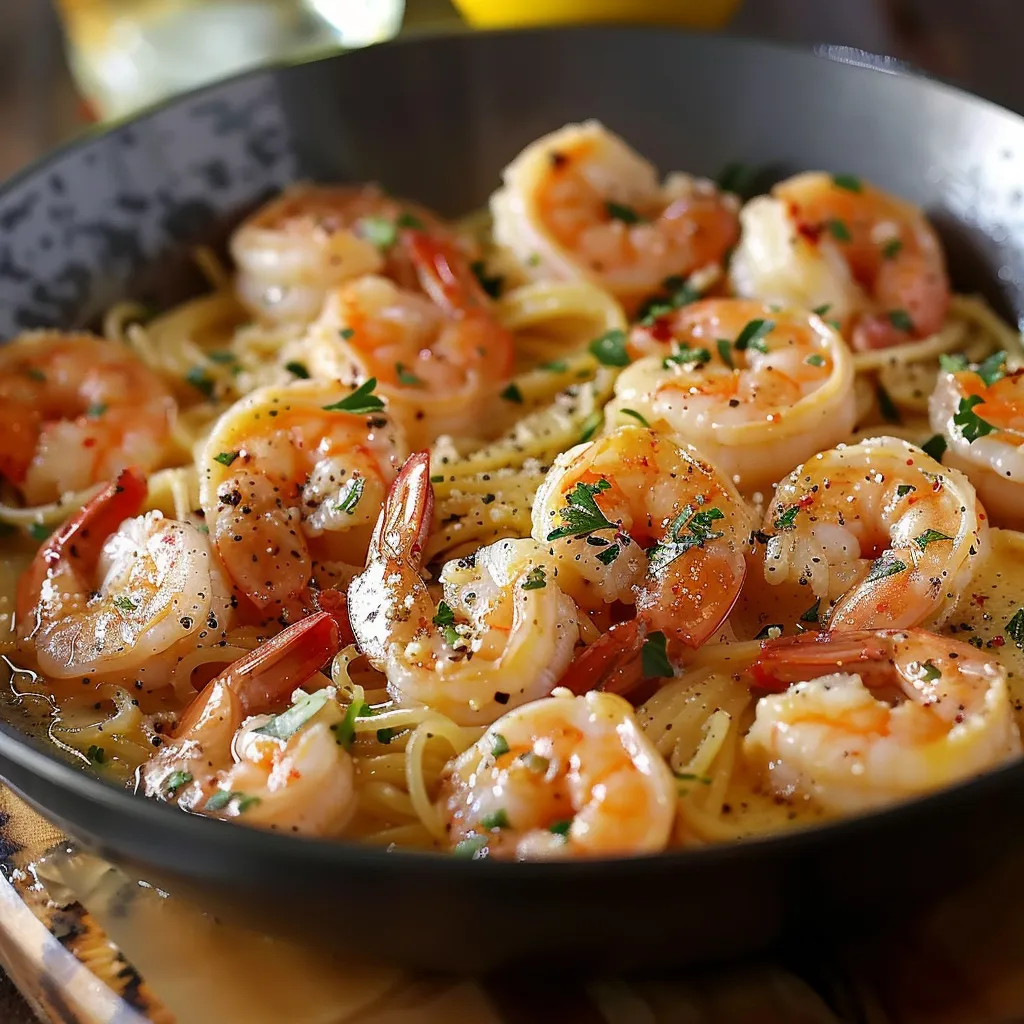 A bowl of shrimp and pasta.