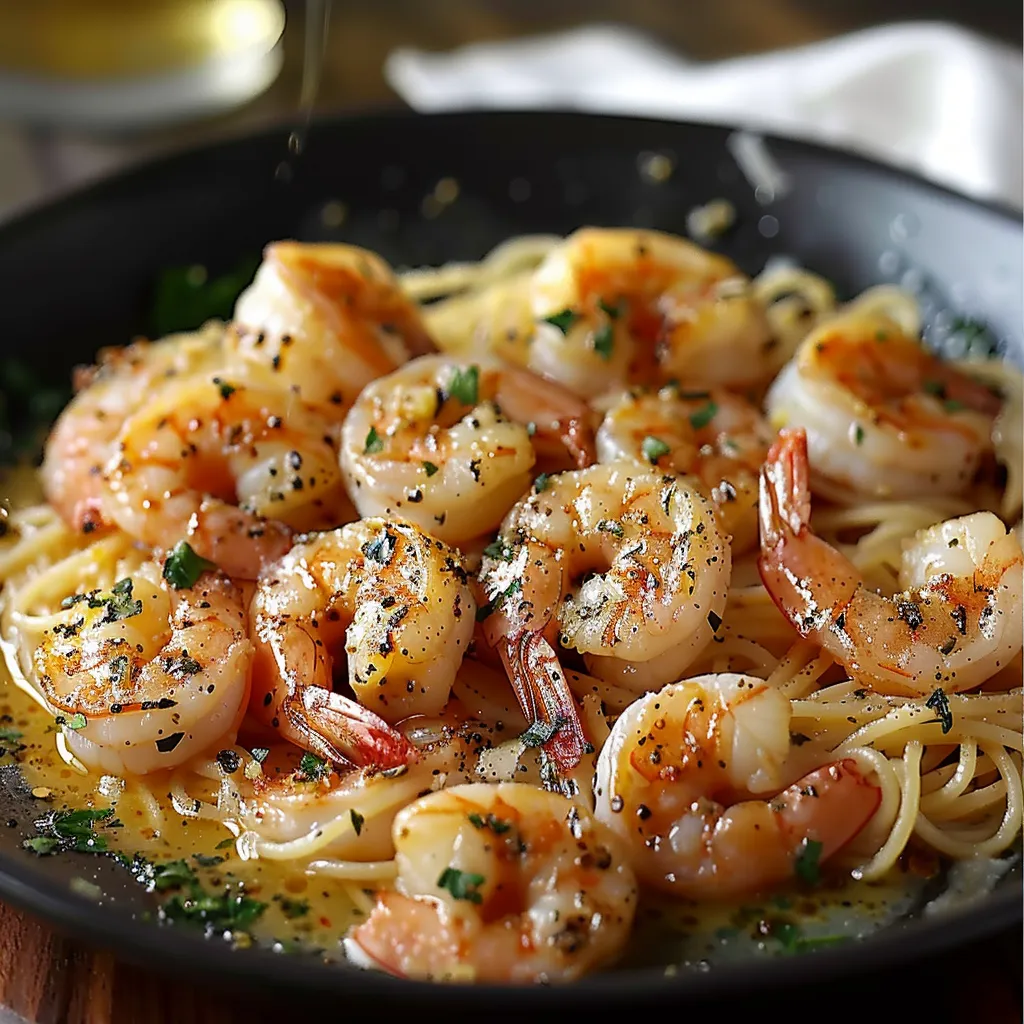 A bowl of shrimp and noodles.