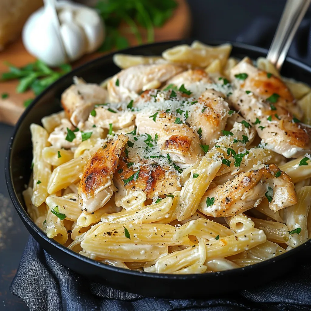 A bowl of pasta with chicken and cheese.