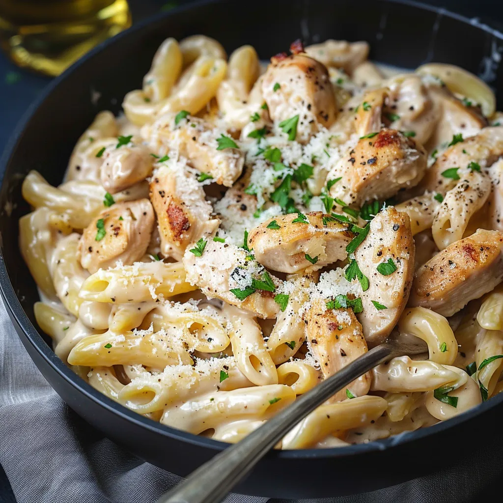 A bowl of pasta with chicken and cheese.