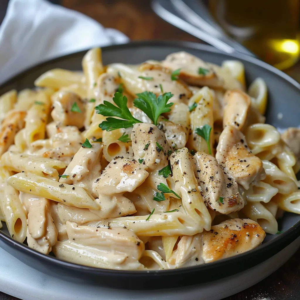 Pasta bowl with creamy garlic chicken and melted cheese on top.