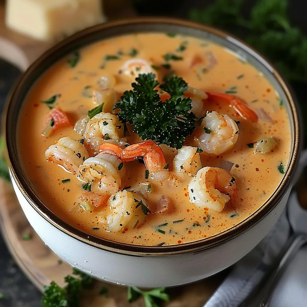 A comforting bowl with shrimp and creamy soup.