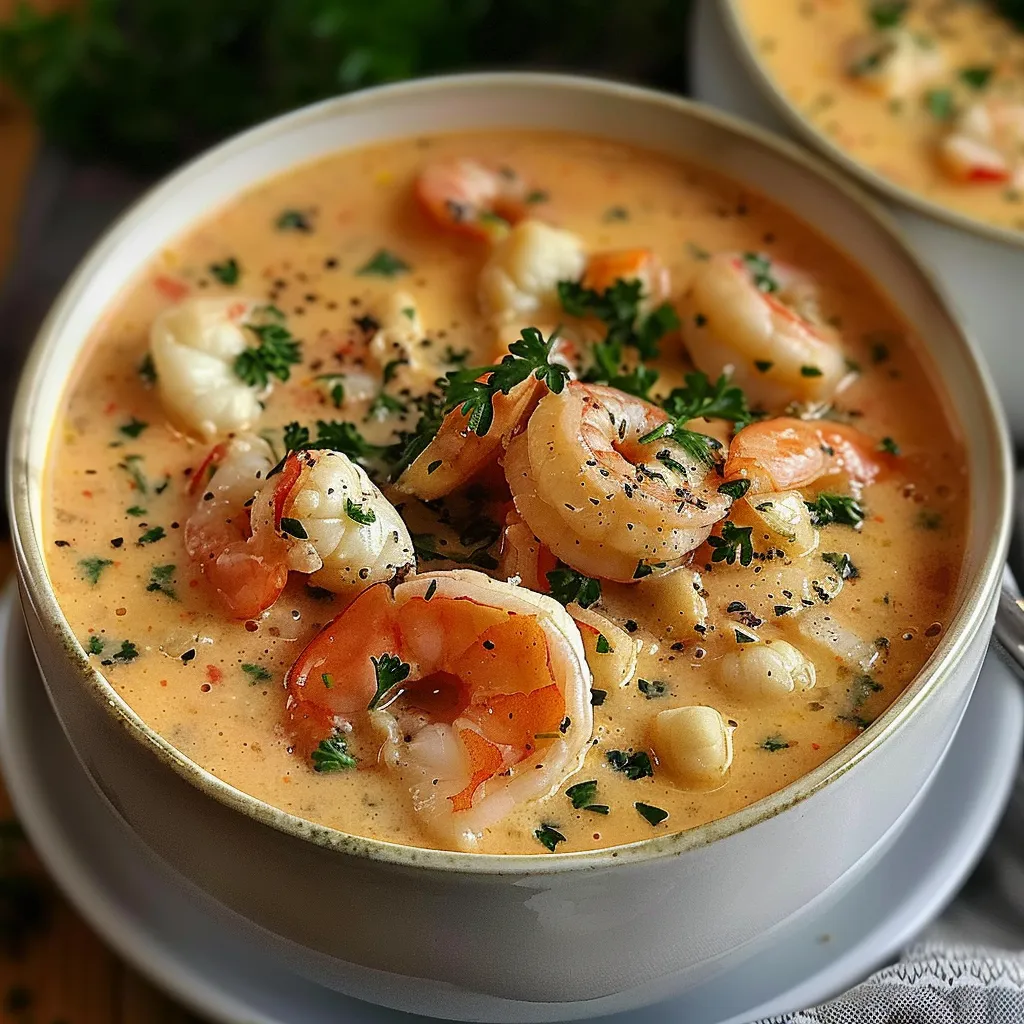 A bowl of soup with shrimp and vegetables.