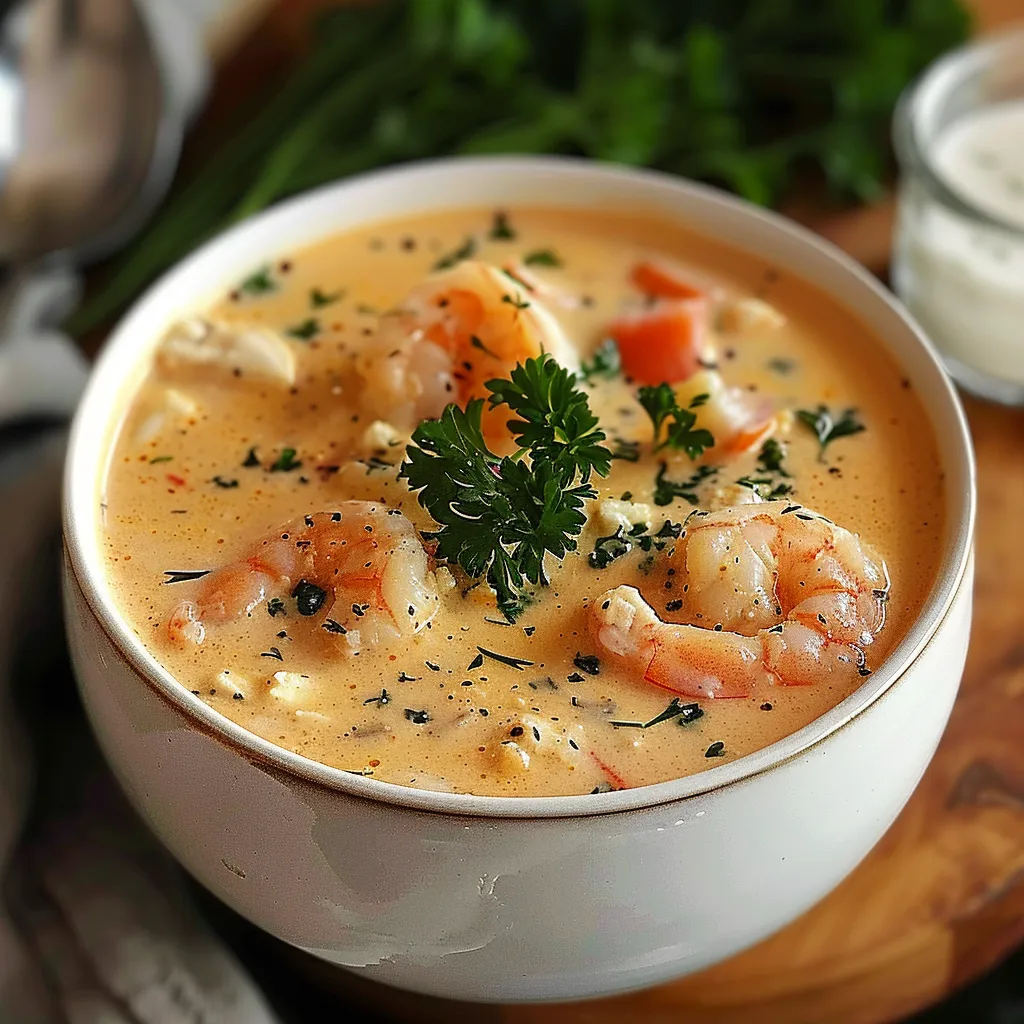 A bowl of soup with shrimp and herbs.