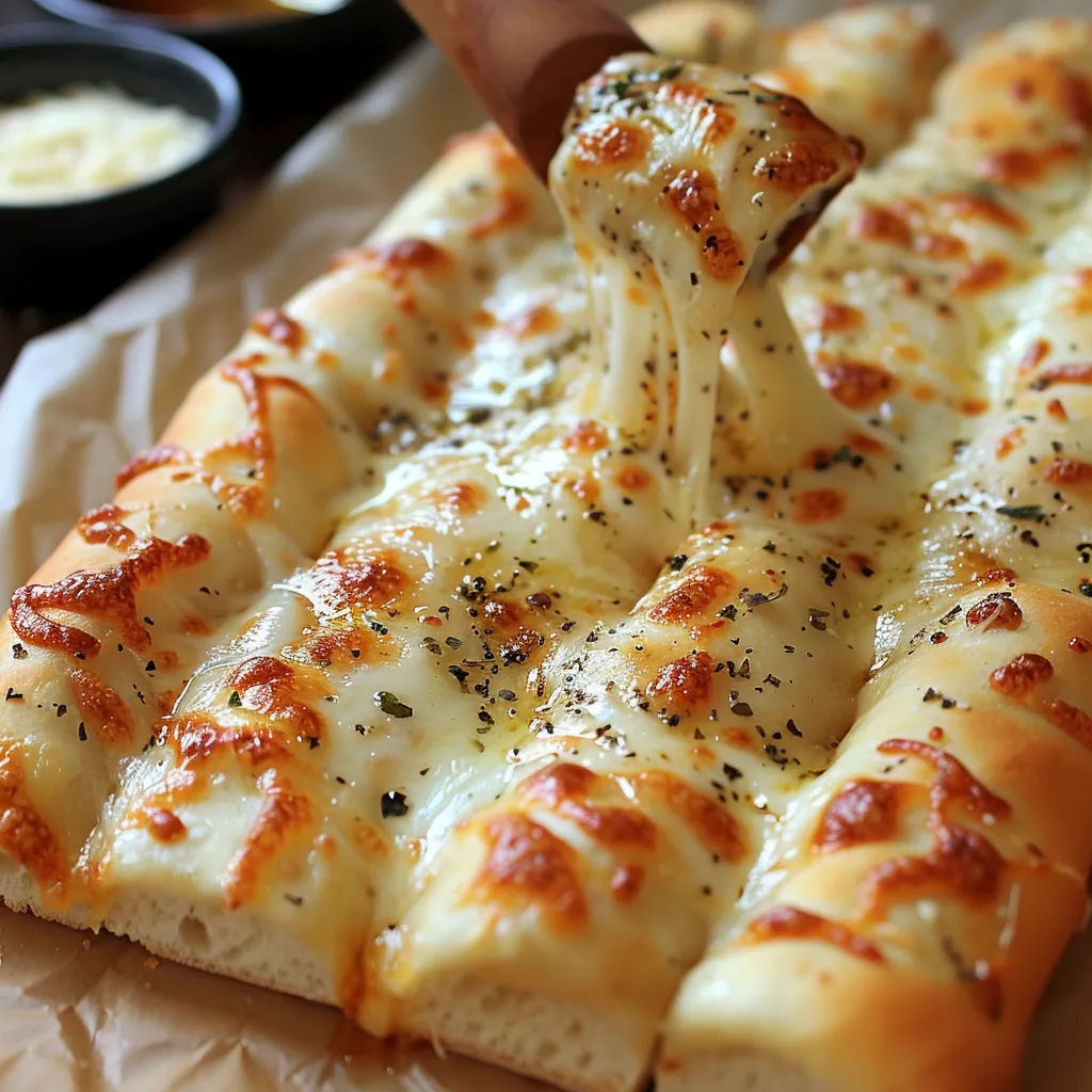A close-up of cheesy breadsticks with golden melted cheese.