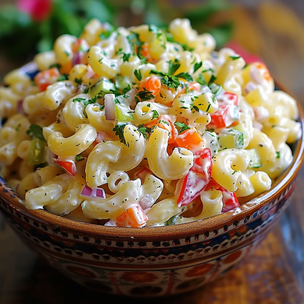 A dish of creamy macaroni salad with colorful vegetables.