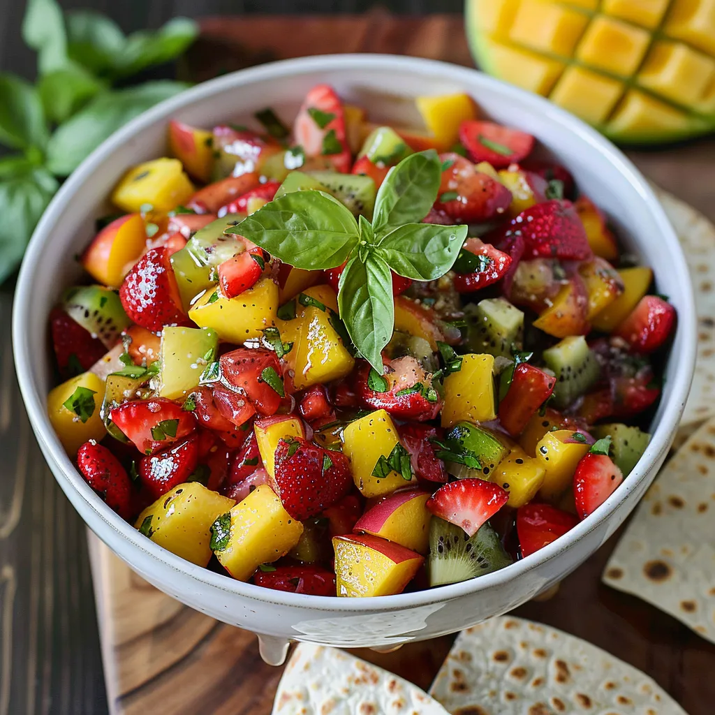 A bowl of fruit salad with strawberries, kiwi, and other fruits.