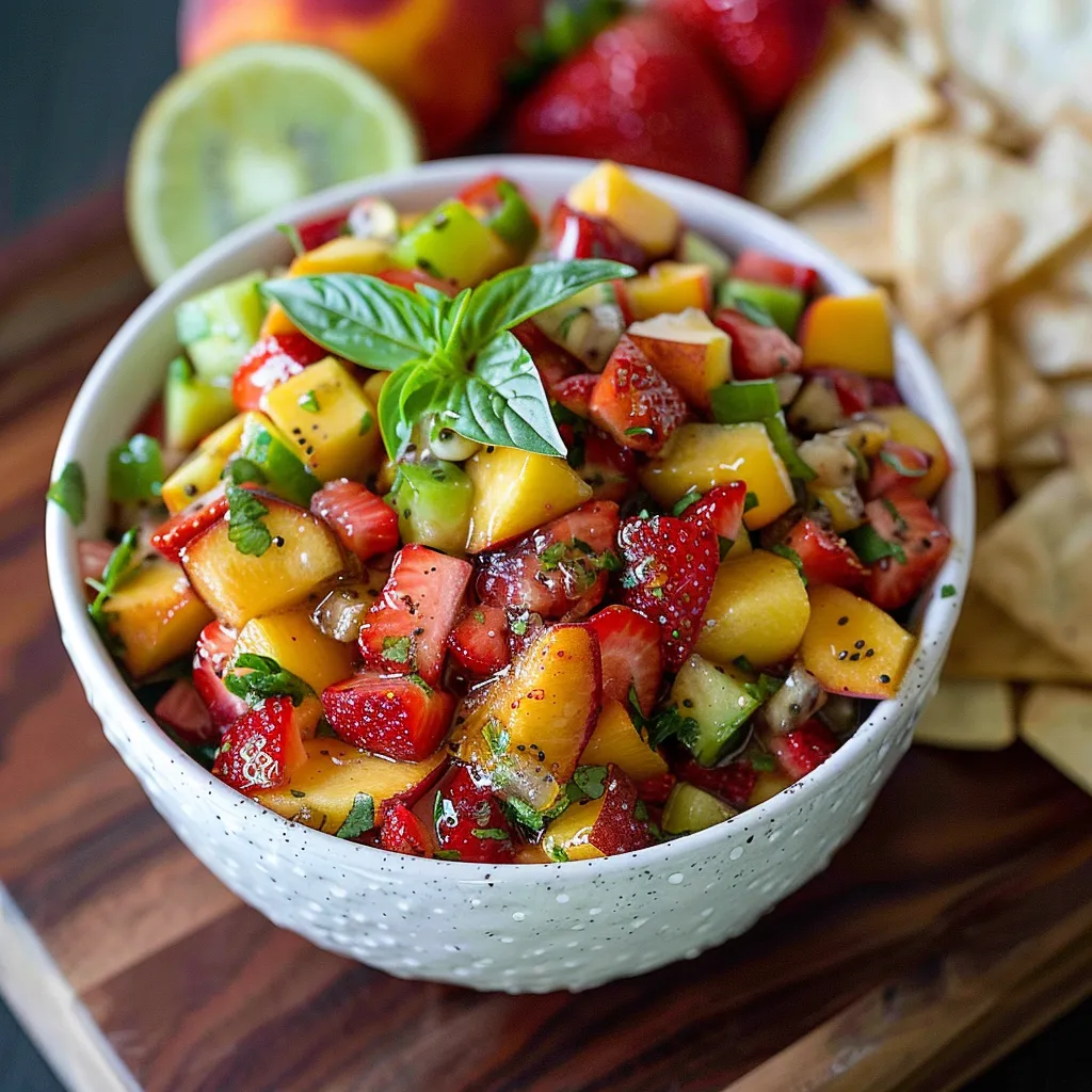 A bowl of fruit salad with strawberries, limes, and other fruits.
