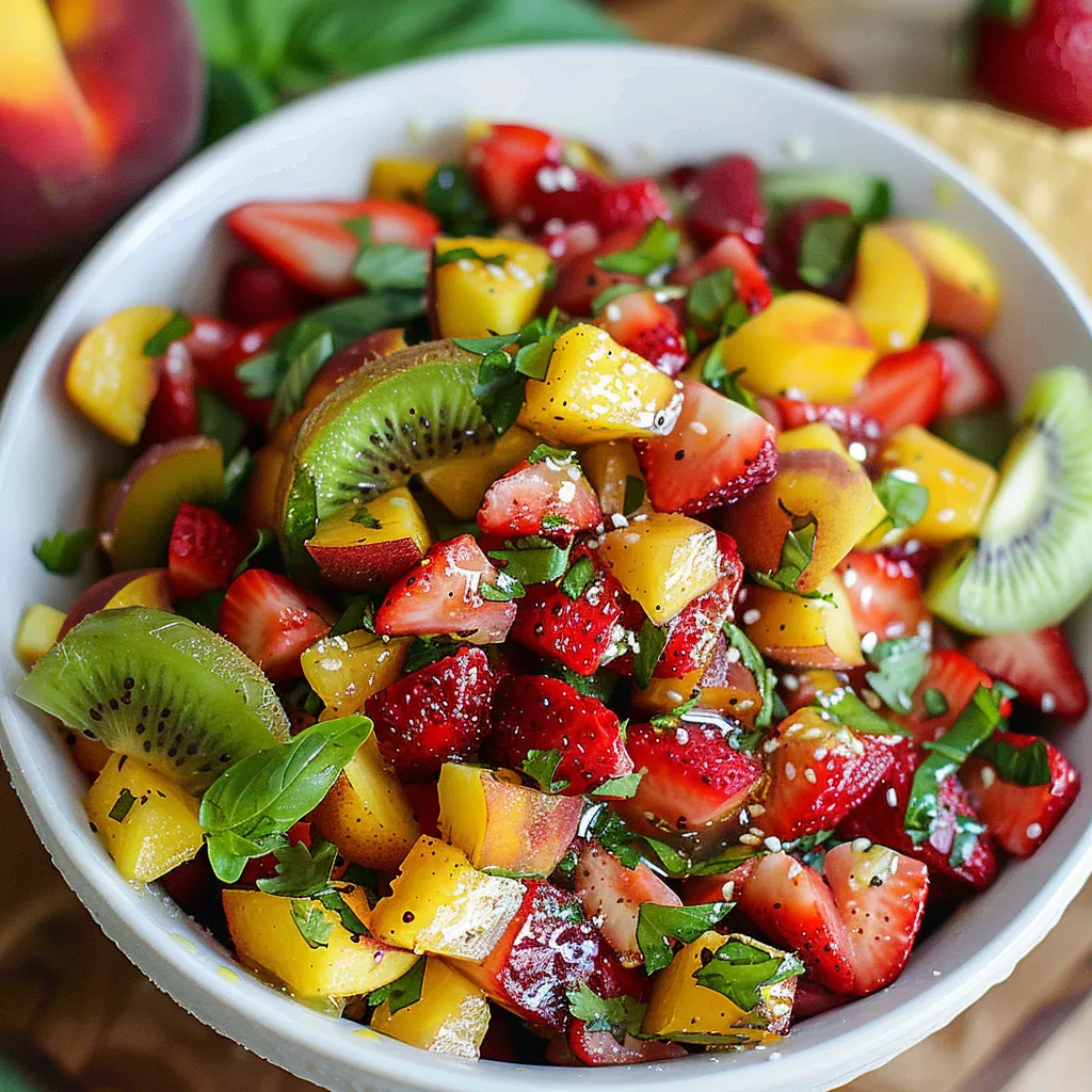 Bowl with mixed fruit like strawberries and kiwi.