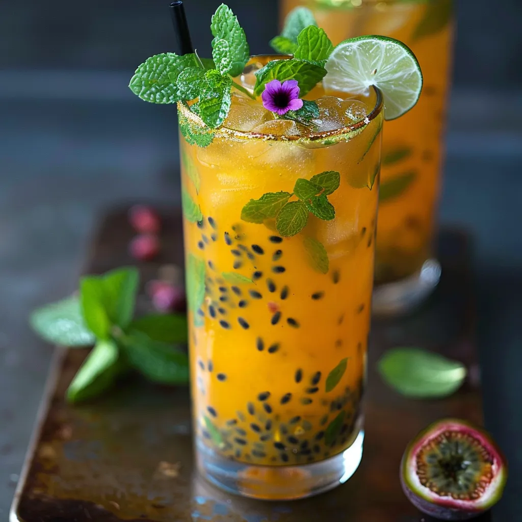 Two glasses filled with a bright orange drink, topped with mint sprigs and slices of kiwi.