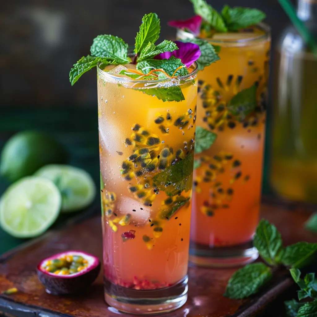 Two glasses of fruit juice with mint leaves.