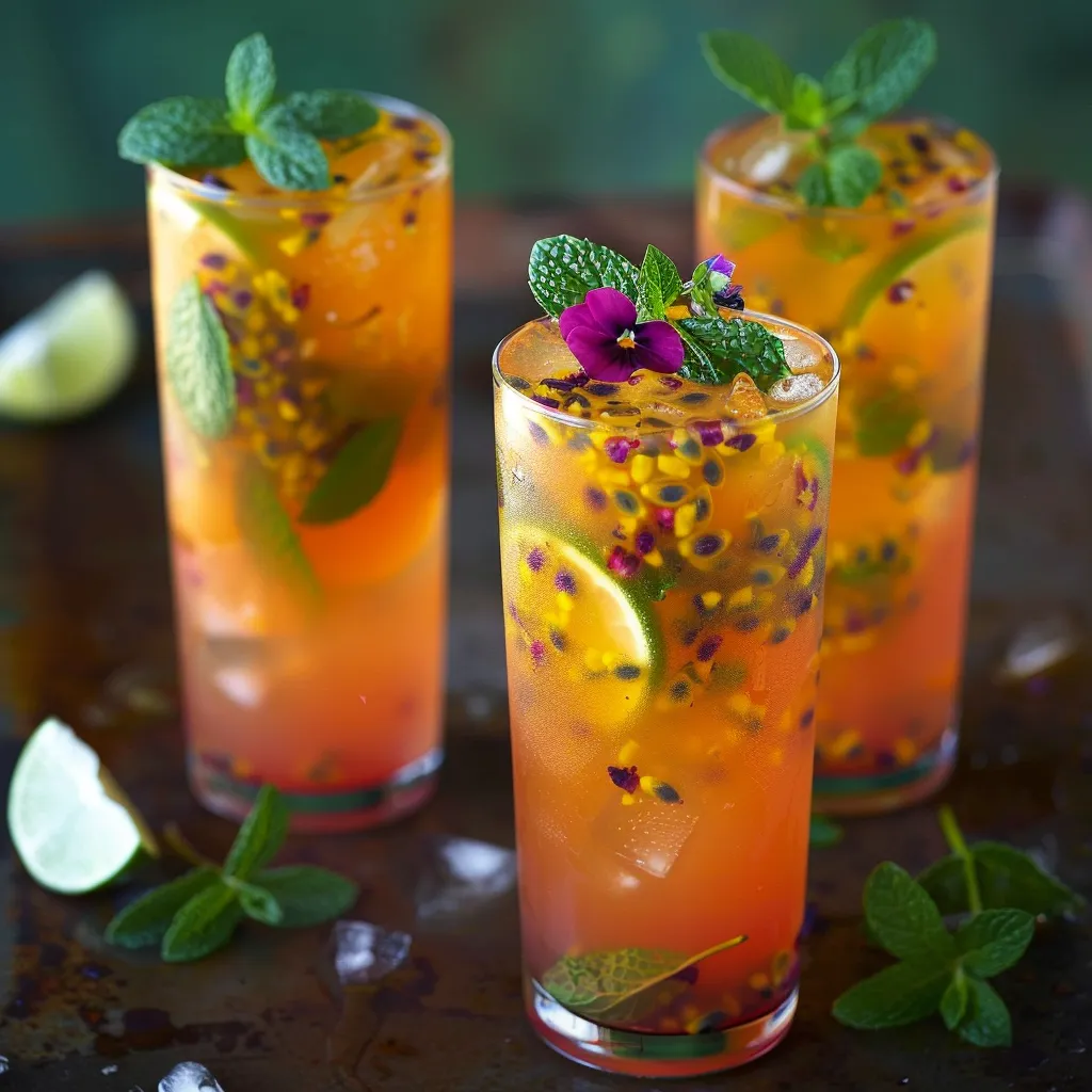 Three glasses of orange juice with mint leaves in them.