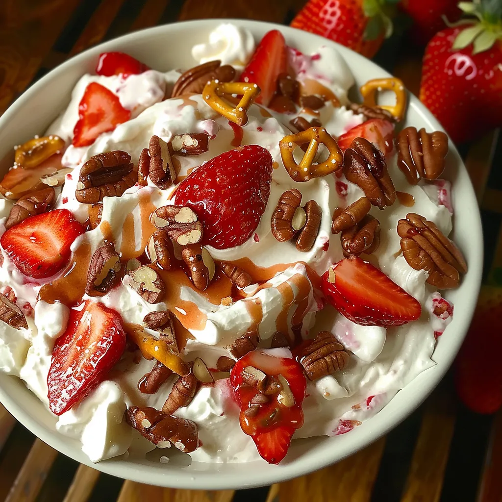 A bowl of creamy strawberry dessert with pecans.