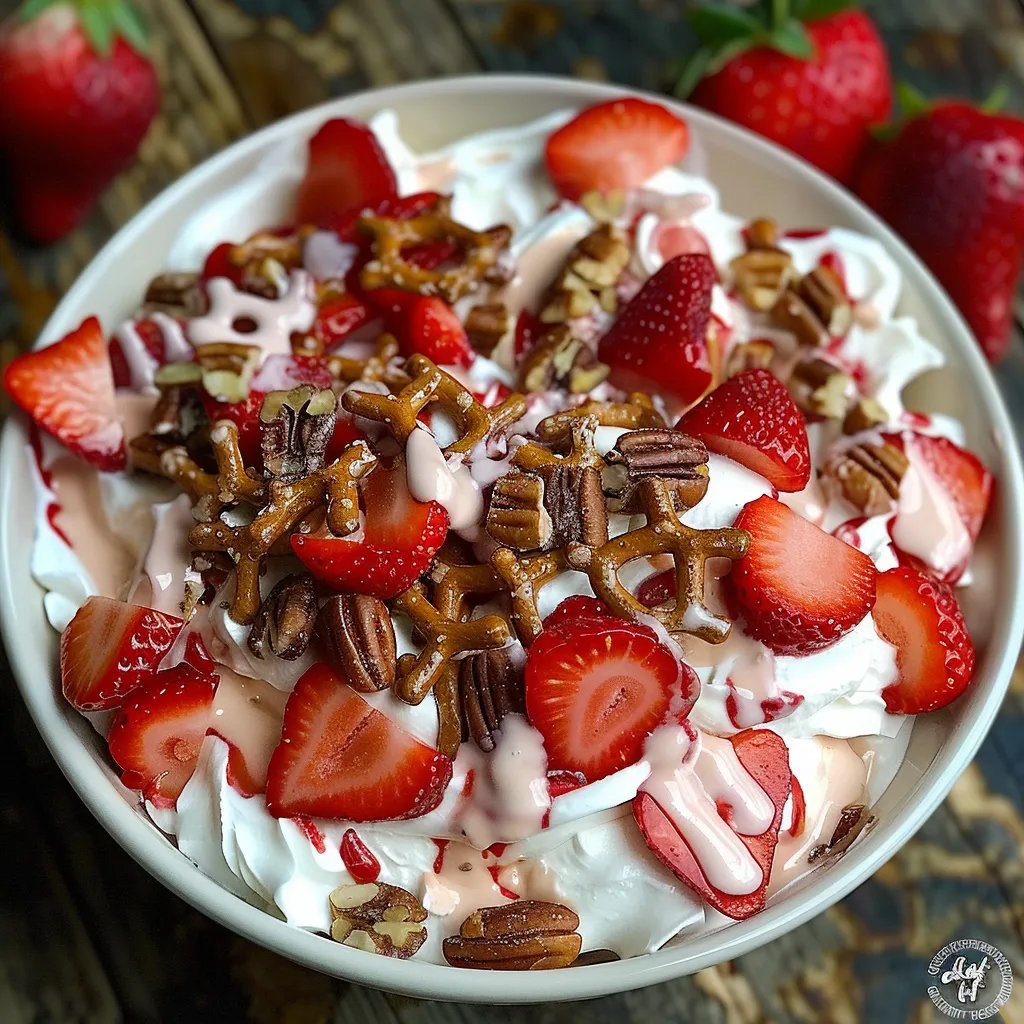 A bowl of strawberry yogurt with nuts.