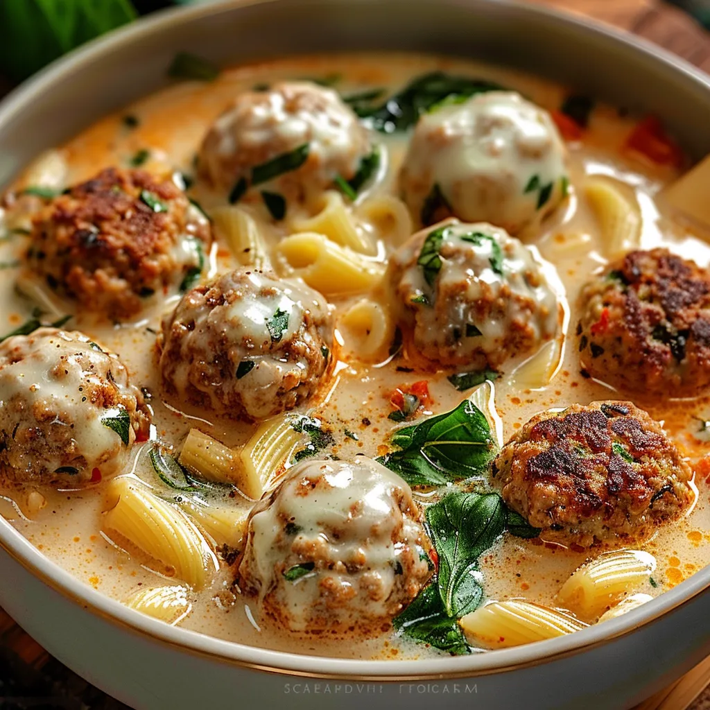 A comforting bowl of pasta garnished with spinach and meatballs.
