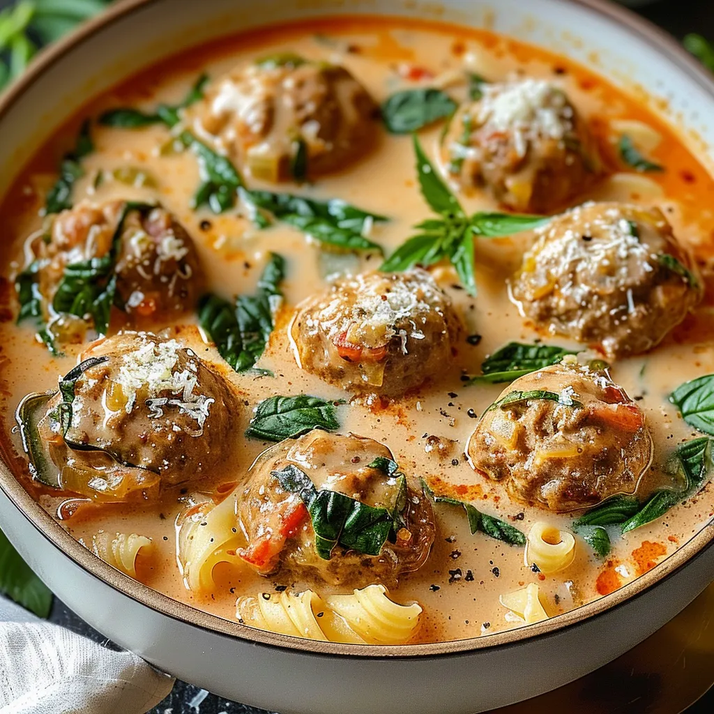 A bowl of food with meatballs and spinach.
