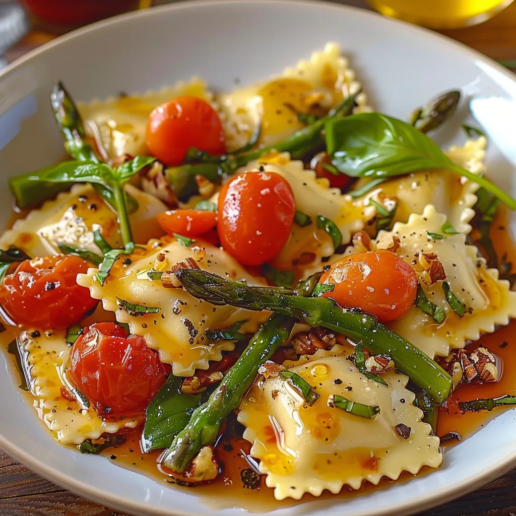 A bowl of pasta with tomatoes and asparagus.