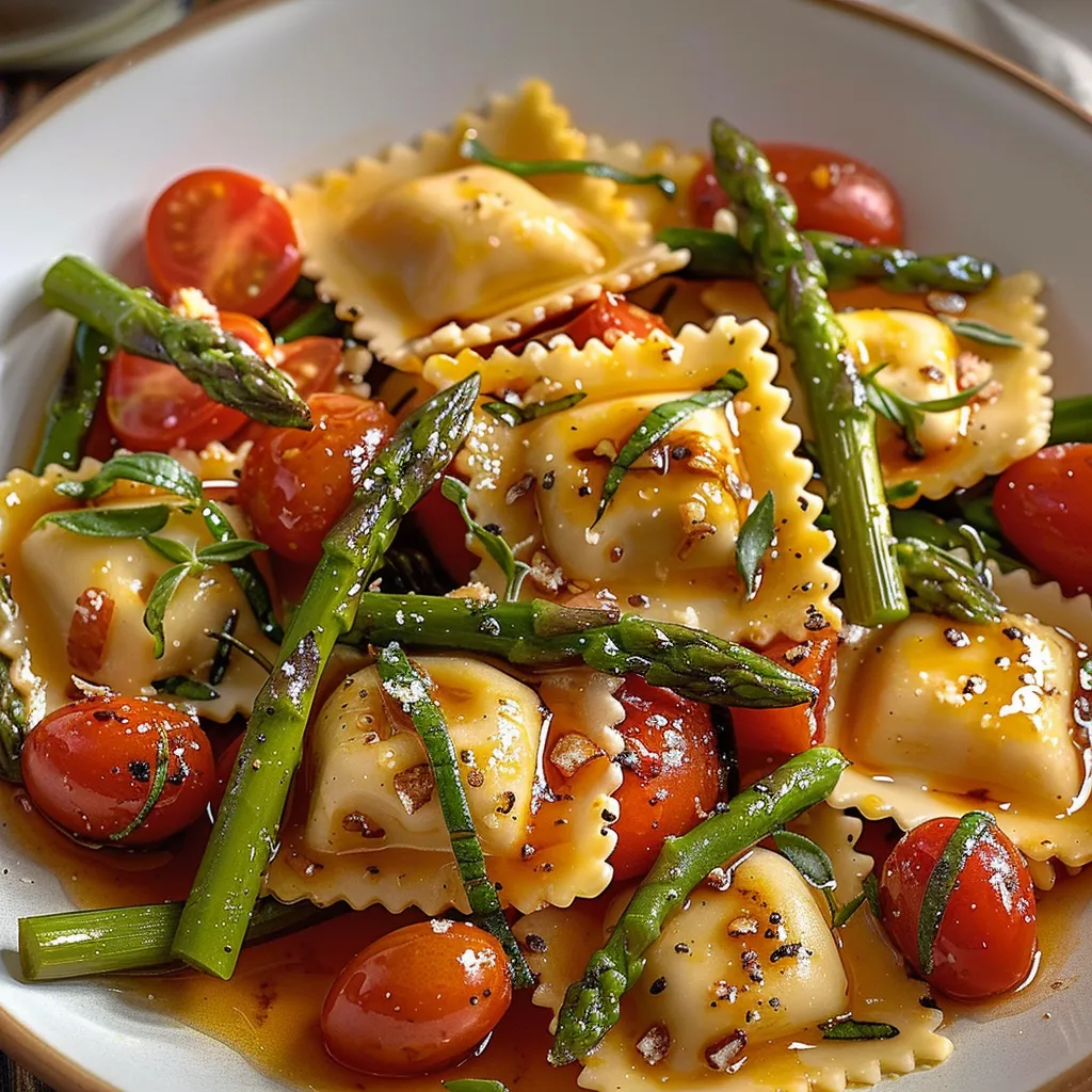 A plate of pasta with tomatoes and asparagus.