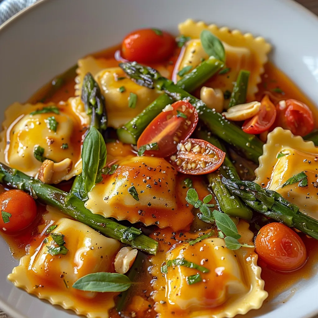A plate of pasta with tomatoes and asparagus.