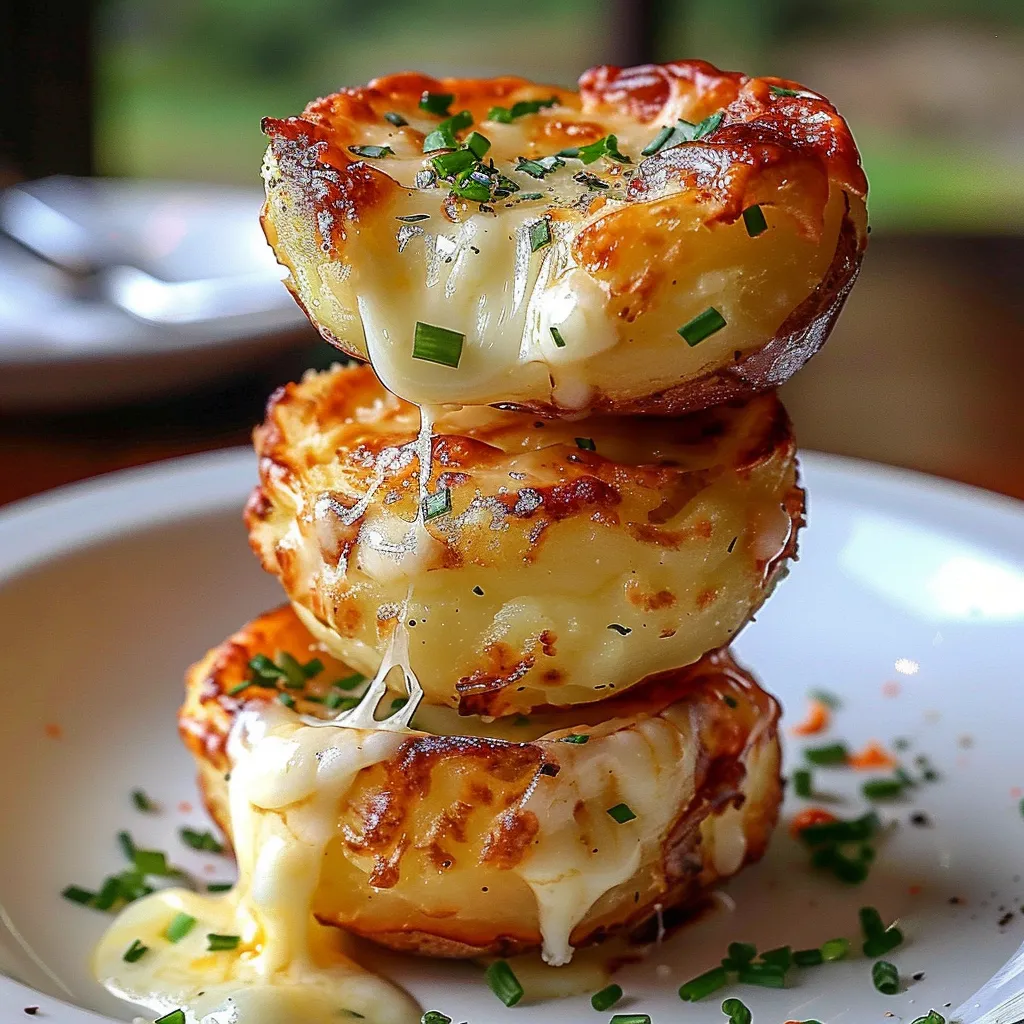Three golden potato puffs stacked with melted cheese.