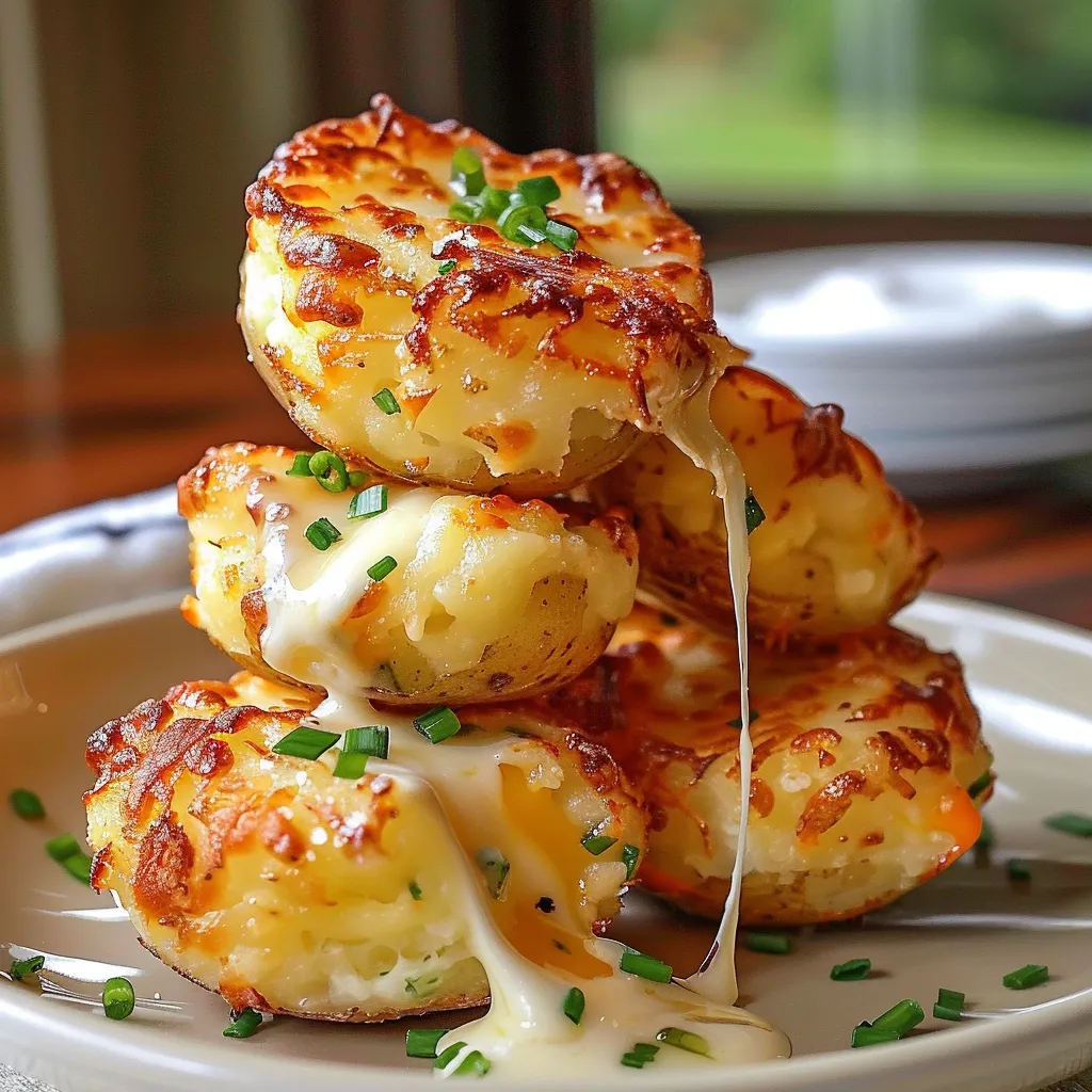 A stack of potato pancakes with cheese and herbs.