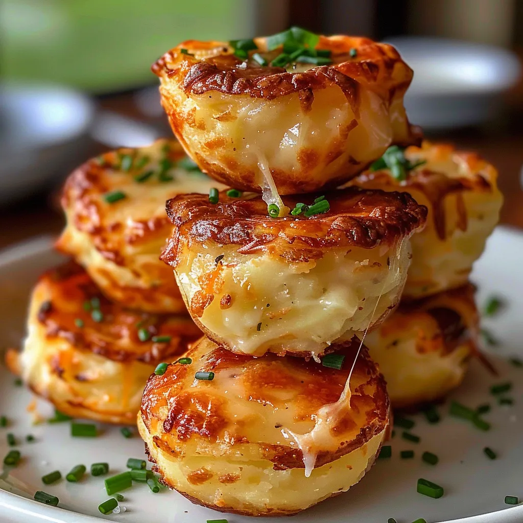 Cheese and herb filled muffins stacked on a plate.