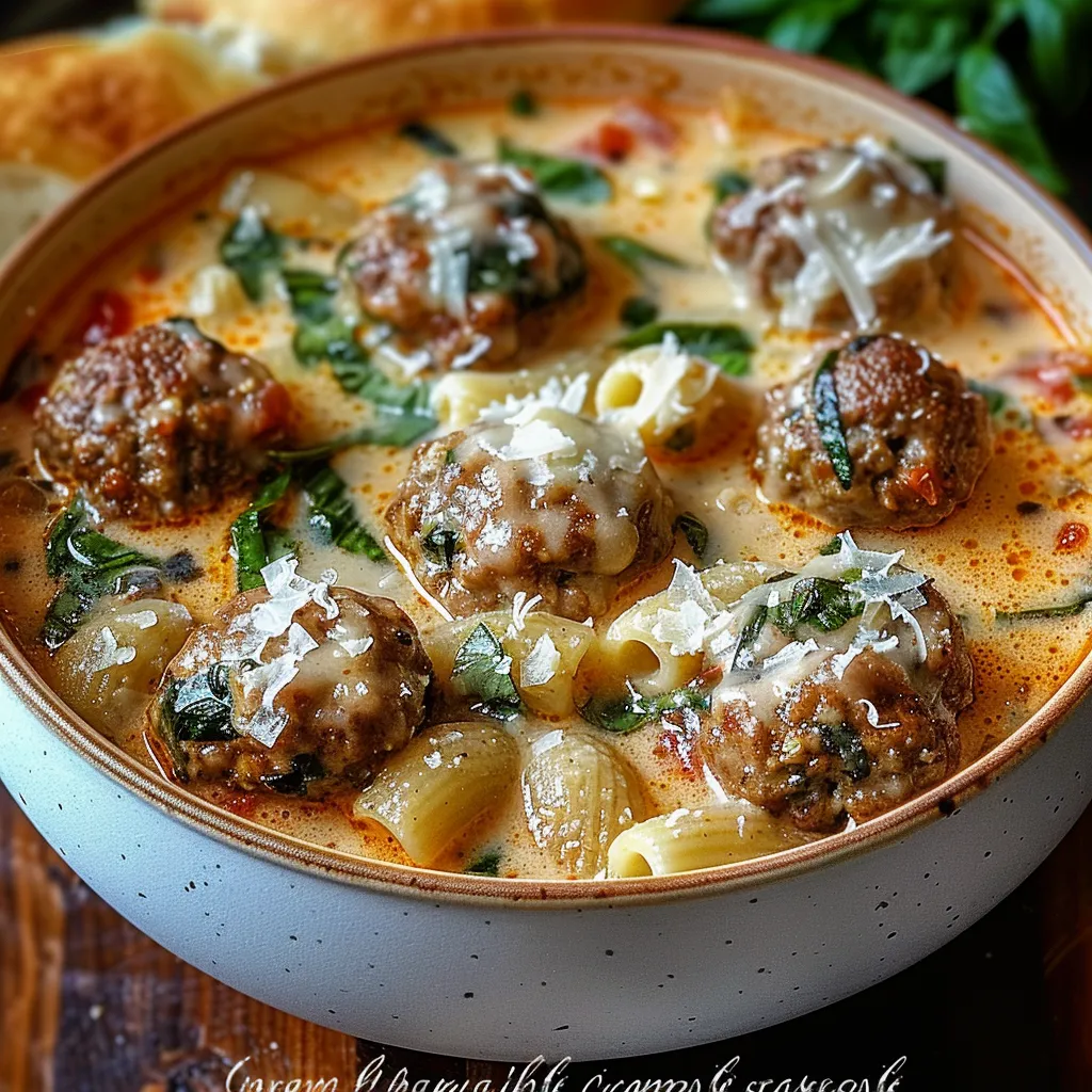 A bowl of pasta with meatballs and spinach.
