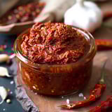 A wooden table holds a glass bowl filled with red chili sauce.