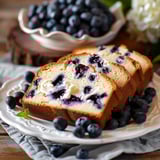 A slice of blueberry bread on a white dish, with a bowl of blueberries nearby.