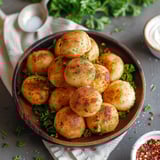 A table with a bowl of potatoes sprinkled with herbs and spices.