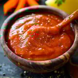 Tomato sauce in a bowl with a spoon.