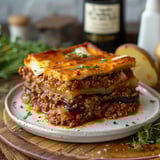 A tasty layered lasagna-style meal served with roasted potatoes and olive oil.