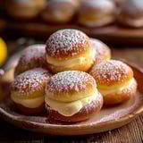 A stack of donuts dusted with powdered sugar and oozing filling.