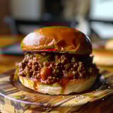 A tasty sloppy joe burger on a wooden table.