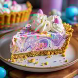 A slice of colorful pie with swirled pastel filling on a white plate.