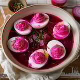 Pink eggs in a bowl with herbs on a wooden table.