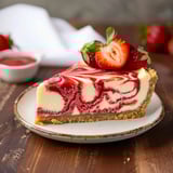 A creamy cheesecake slice topped with fresh strawberries.