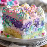 A bright pastel swirl cake with sprinkles on a plate.