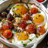 Eggs baked with tomatoes and olives in a white bowl.