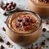 A creamy glass of chocolate topped with chocolate chunks and fresh berries.