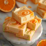 A stack of orange cake with orange slices on top.