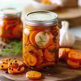 A jar of tangy pickled carrots with a spoon scooping them out.