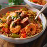 Rice loaded with cooked shrimp and sausage, sprinkled with parsley and cilantro for garnish.